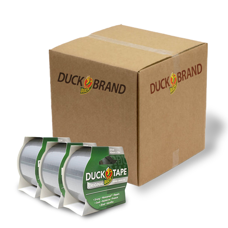 Duck Brand packaging with a cardboard box and rolls of tape on a white background