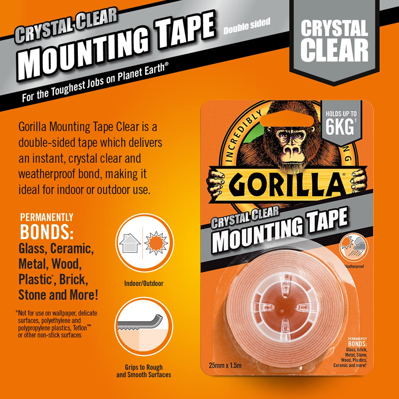 Gorilla Heavy Duty Crystal Clear Mounting Tape 25mm x 1.5m